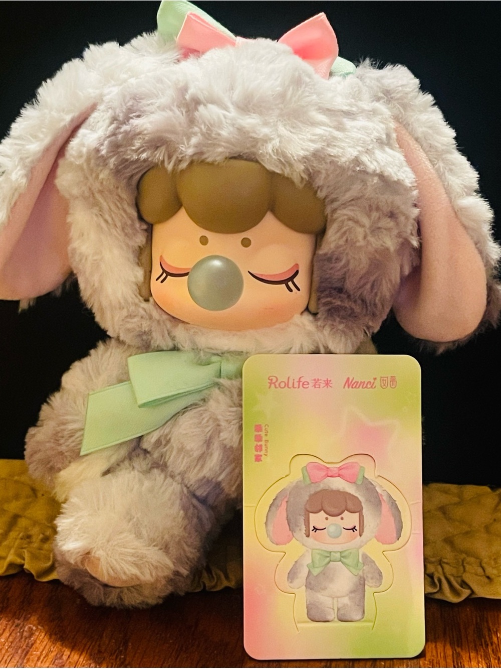 Rolife Nanci Plush Bunny Doll in Light Gray with Mint Bow